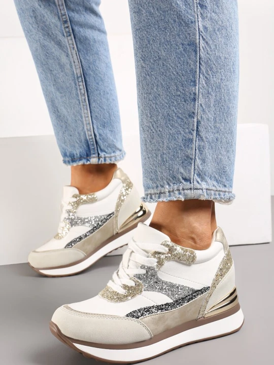 Zdjęcie produktu Szaro-Złote Sneakersy na Ukrytym Koturnie Ozdobione Brokatem Yavina Beżowy