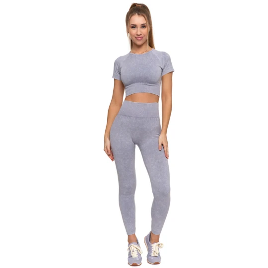 Zdjęcie produktu Komplet damski Moraj, top z krótkim rękawem i legginsy długie z wysokim stanem, szare, BD1900-508 + RDL2200-013