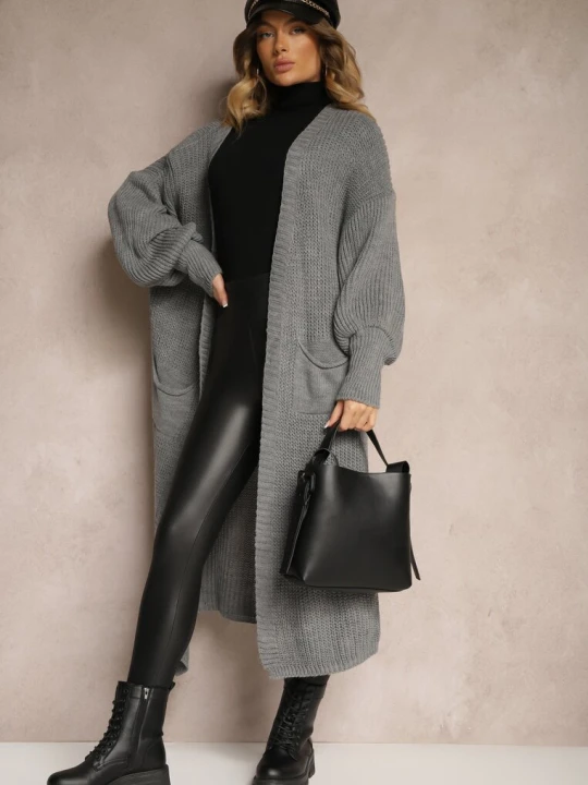 Zdjęcie produktu Szary Kardigan Długi z Bufiastym Rękawem Mesho Pretty
