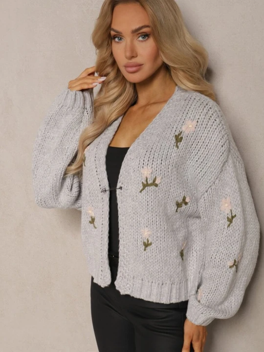 Zdjęcie produktu Szary Kardigan w Kwiatowe Aplikacje z Zapięciem na Elegancką Agrafkę Patista Acajo