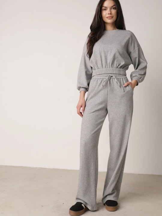 Zdjęcie produktu Szary Komplet Bawełniany Spodnie Szerokie ze Sznurkiem w Pasie i Bluza ze Ściągaczami Urionne