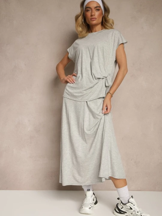 Zdjęcie produktu Szary Komplet z Wiskozą Spódnica i Bluzka Zdobiona Wiązaniem w Talii Davisavina New Collection
