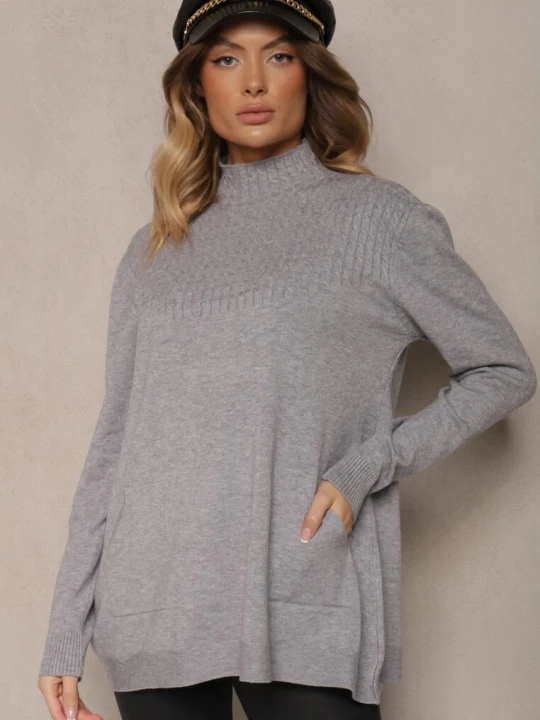 Zdjęcie produktu Szary Sweter Półgolf z Bawełną i Kieszenią z Przodu Emittes J&x