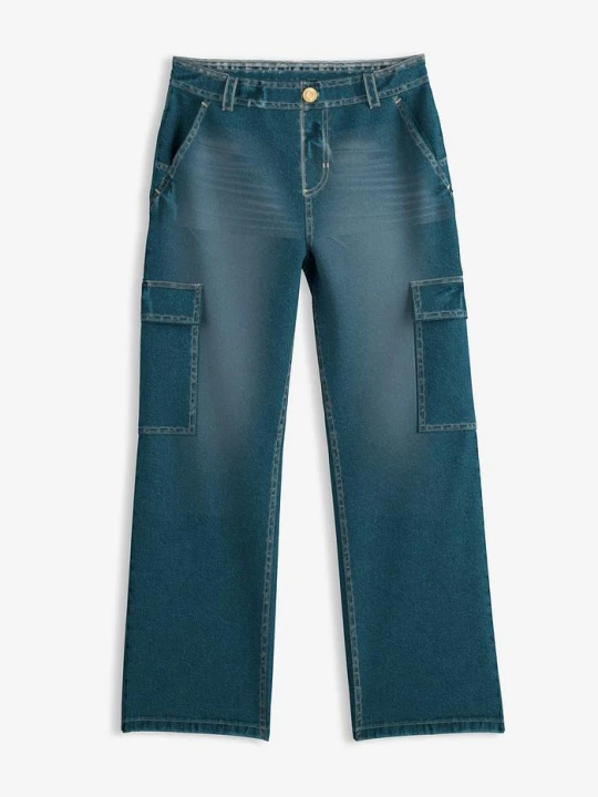 Zdjęcie produktu Szerokie jeansy bojówki mid waist BonPrix niebieski