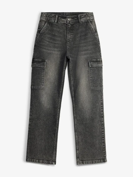 Zdjęcie produktu Szerokie jeansy bojówki mid waist BonPrix szary