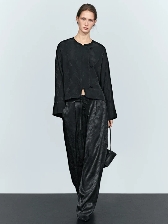 Zdjęcie produktu Szerokie, Lejące Spodnie Z Żakardowym Detalem - Czarny - Massimo Dutti - Female