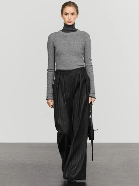 Zdjęcie produktu Szerokie Spodnie W Prążki Ze 100% Wełny - Szary - Massimo Dutti - Female