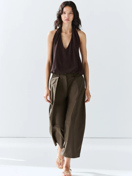 Zdjęcie produktu Szerokie Spodnie Z Mieszanki Bawełnianej Popeliny - Khaki - Massimo Dutti - Female
