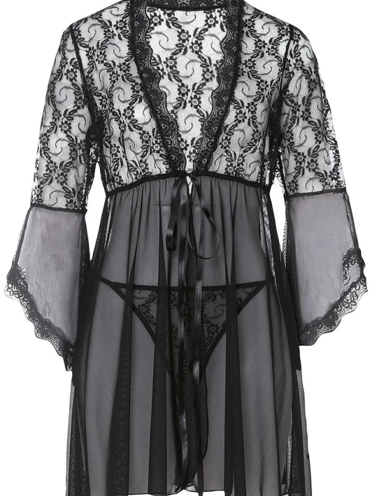 Zdjęcie produktu Szlafrok kimono + stringi (kompl. 2-częściowy) BonPrix czarny