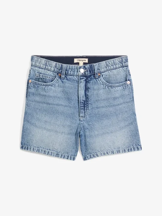 Zdjęcie produktu Szorty dżinsowe high waist, low stretch BonPrix niebieski