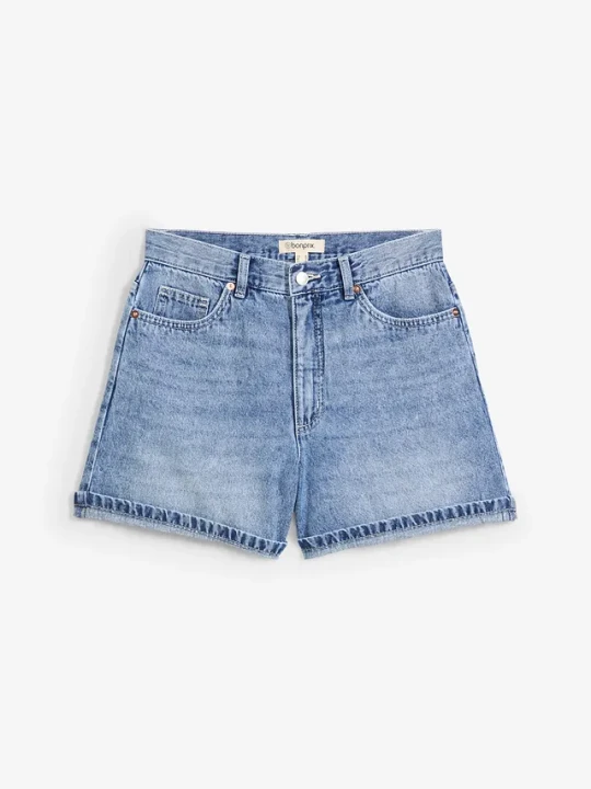 Zdjęcie produktu Szorty dżinsowe high waist, low stretch BonPrix niebieski