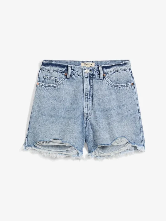 Zdjęcie produktu Szorty dżinsowe high waist, low stretch BonPrix niebieski
