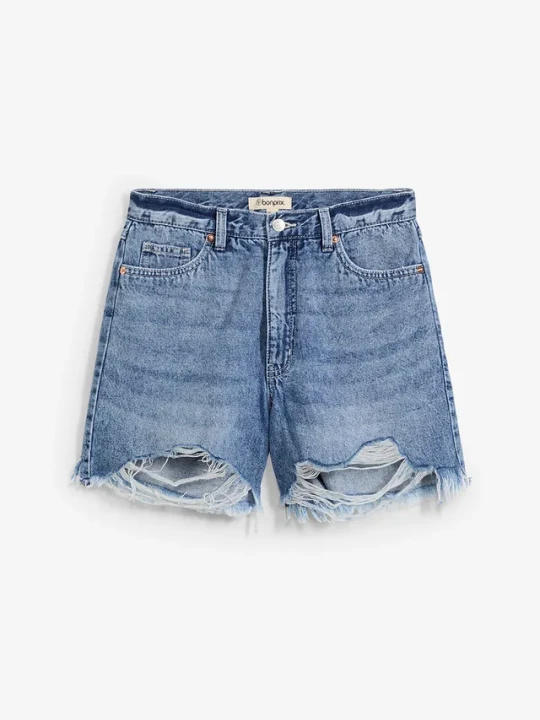 Zdjęcie produktu Szorty dżinsowe high waist, low stretch BonPrix niebieski