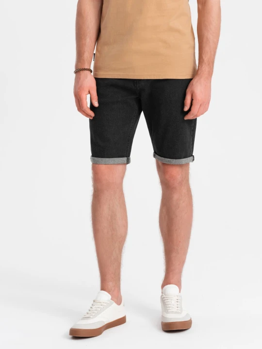 Zdjęcie produktu Szorty jeansowe męskie z podwiniętymi nogawkami – czarne V4 - Rozmiar: L Ombre Clothing