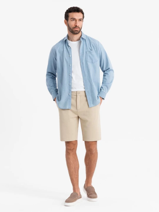 Zdjęcie produktu Szorty męskie ze strukturalnej dzianiny SLIM FIT – piaskowe V3 Ombre Clothing beżowy