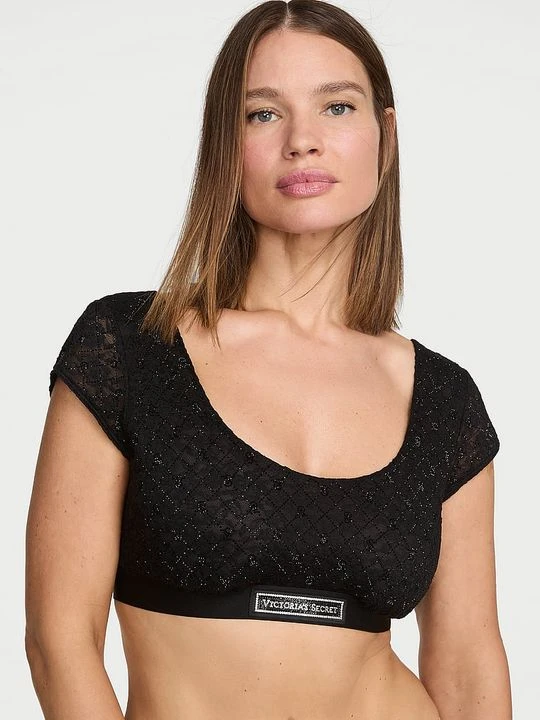 Zdjęcie produktu T-shirt Biustonosz koronkowy braletka z rękawkami i logo Shine Victoria's Secret Czarny