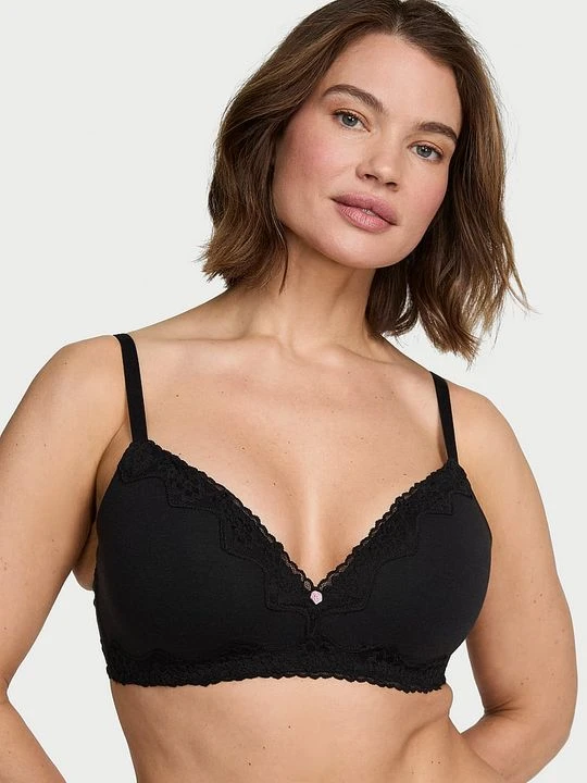 Zdjęcie produktu T-shirt Biustonosz lekko usztywniany bawełniany bez fiszbin Lace-Trim Victoria's Secret Czarny