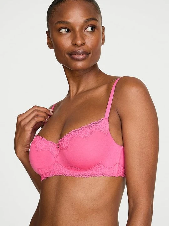 Zdjęcie produktu T-shirt Biustonosz lekko usztywniany bawełniany Lace-Trim Victoria's Secret Różowy