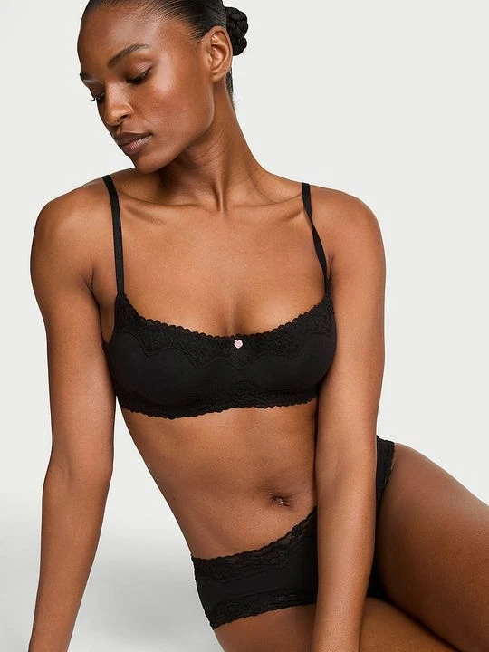 Zdjęcie produktu T-shirt Biustonosz lekko usztywniany bawełniany Lace-Trim Victoria's Secret Czarny