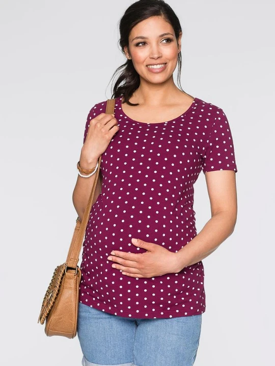 Zdjęcie produktu T-shirt ciążowy (2 szt.), bawełna organiczna ze wzorem w kropki BonPrix fioletowy