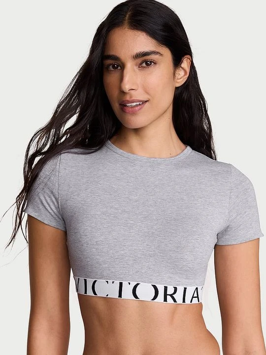 Zdjęcie produktu T-shirt Crop top bawełniany z krótkimi rękawkami Victoria's Secret Szary