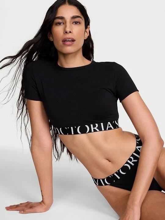 Zdjęcie produktu T-shirt Crop top bawełniany z krótkimi rękawkami Victoria's Secret Czarny