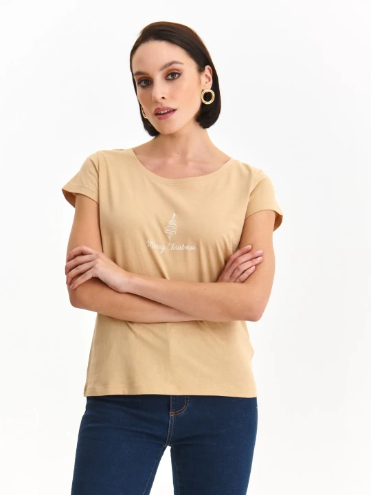 Zdjęcie produktu T-shirt damski beżowy - SPO6095BE t-shirt krótki rękaw - TOP SECRET - Odzieżowy sklep internetowy TOP SECRET