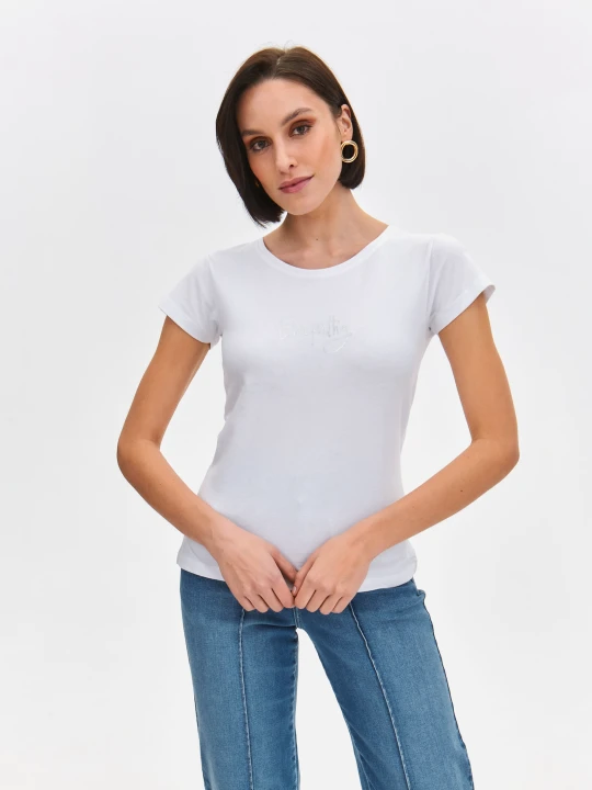 Zdjęcie produktu T-shirt damski biały - SPO6115BI t-shirt krótki rękaw - TOP SECRET - Odzieżowy sklep internetowy TOP SECRET