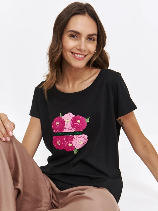 Zdjęcie produktu T-shirt damski z krótkim rękawem i różowym nadrukiem TOP SECRET Czarny