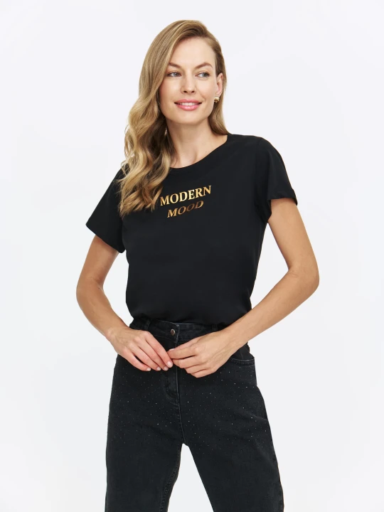 Zdjęcie produktu T-shirt damski ze złotym nadrukiem TOP SECRET Czarny