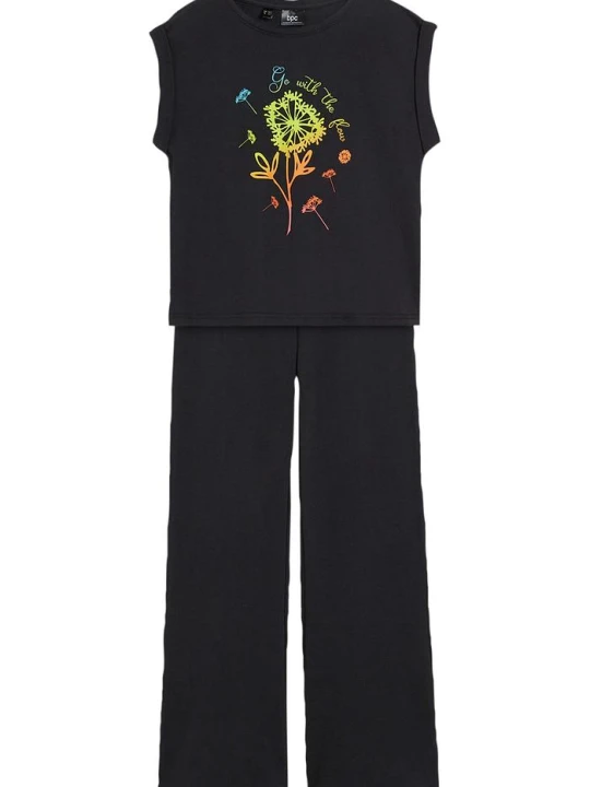 Zdjęcie produktu T-shirt dziewczęcy + legginsy Flared (2 części), bawełna organiczna BonPrix czarny
