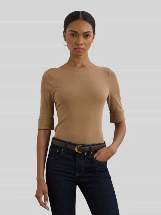 Zdjęcie produktu T-shirt krój slim fit z czystej bawełny Lauren Ralph Lauren Camel