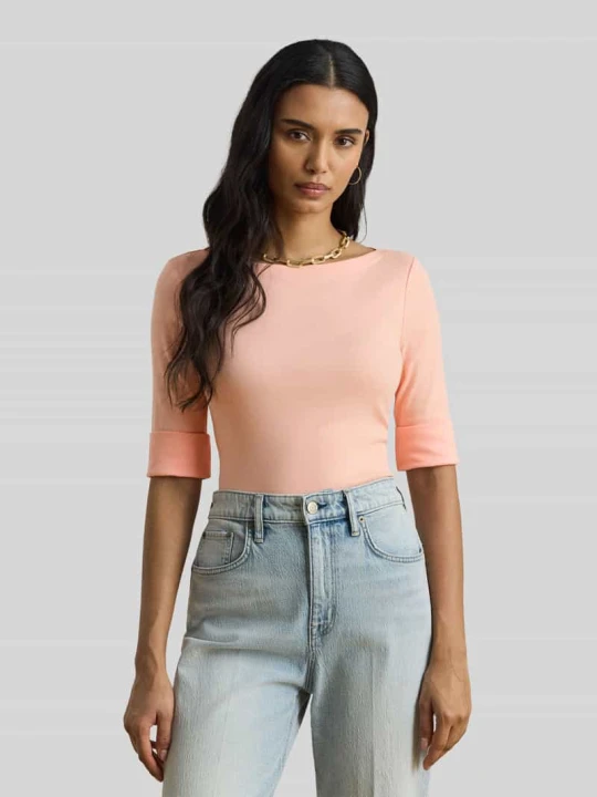 Zdjęcie produktu T-shirt krój slim fit z czystej bawełny Lauren Ralph Lauren Koralowy
