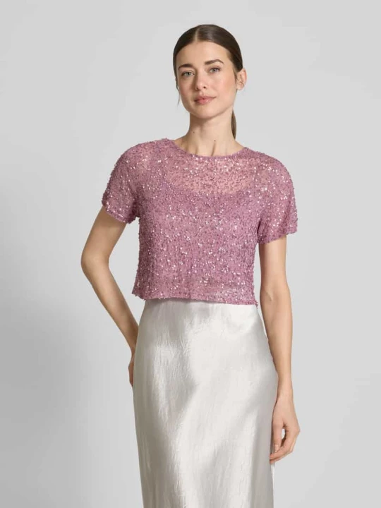 Zdjęcie produktu T-shirt krótki z obszyciem kamieniami stras Lace & Beads Różowawy