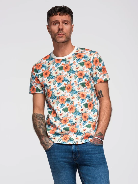 Zdjęcie produktu T-shirt męski bawełniany w kwiatowy wzór full print – biały V1 - Rozmiar: L Ombre Clothing