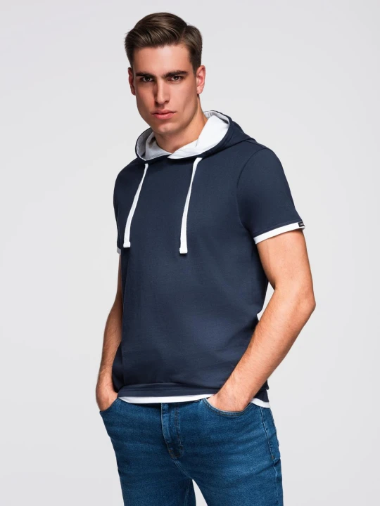 Zdjęcie produktu T-shirt męski bawełniany z kapturem – granatowy V4 - Rozmiar: L Ombre Clothing