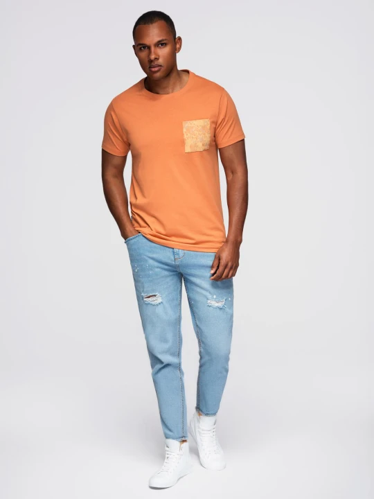 Zdjęcie produktu T-shirt męski bawełniany z printowaną kieszonką – pomarańczowy V3 - Rozmiar: XXL Ombre Clothing