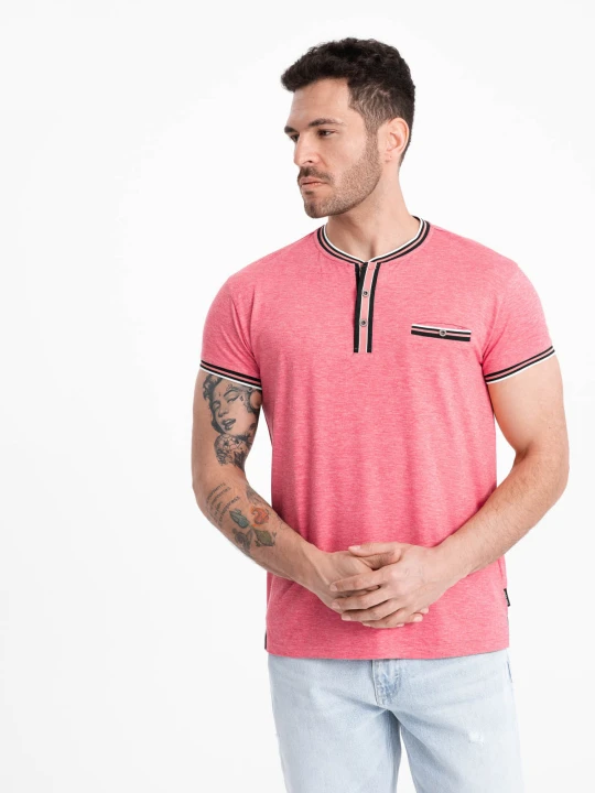 Zdjęcie produktu T-shirt męski henley z ozdobnymi ściągaczami - czerwony V1 - Rozmiar: M Ombre Clothing