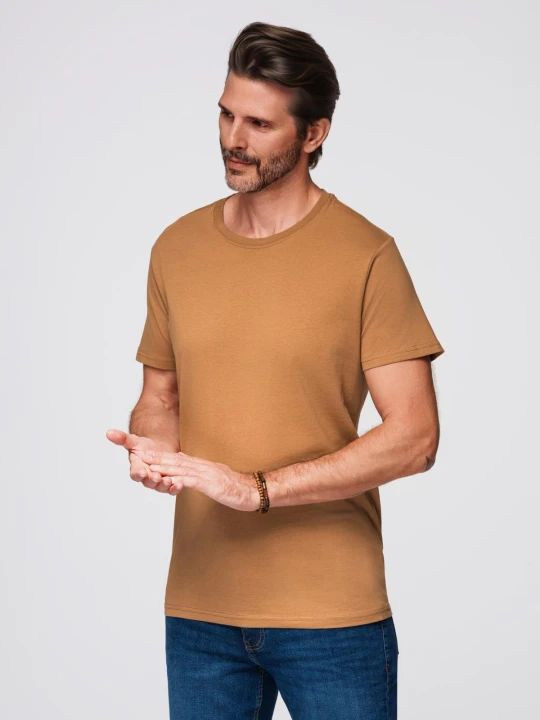 Zdjęcie produktu T-shirt męski klasyczny bawełniany BASIC - brązowy V21 - Rozmiar: XL Ombre Clothing