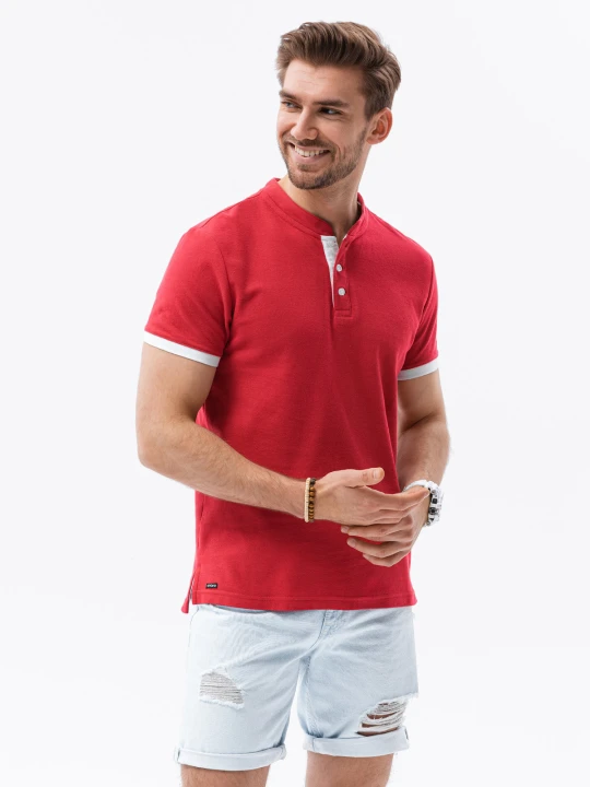 Zdjęcie produktu T-shirt męski polo bez kołnierzyka - czerwony V2 Ombre Clothing