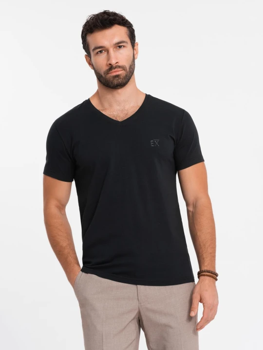 Zdjęcie produktu T-shirt męski V-neck SLIM FIT z elastanem i printem – czarny V1 - Rozmiar: S Ombre Clothing