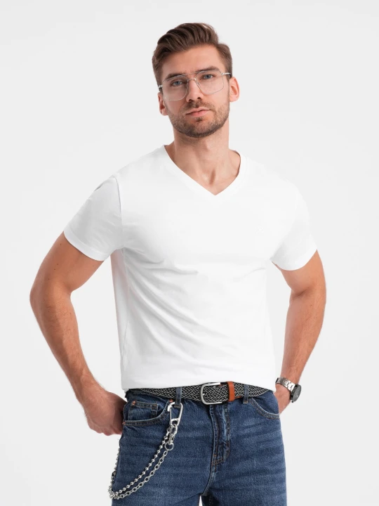Zdjęcie produktu T-shirt męski V-NECK z elastanem - biały V1 - Rozmiar: L Ombre Clothing