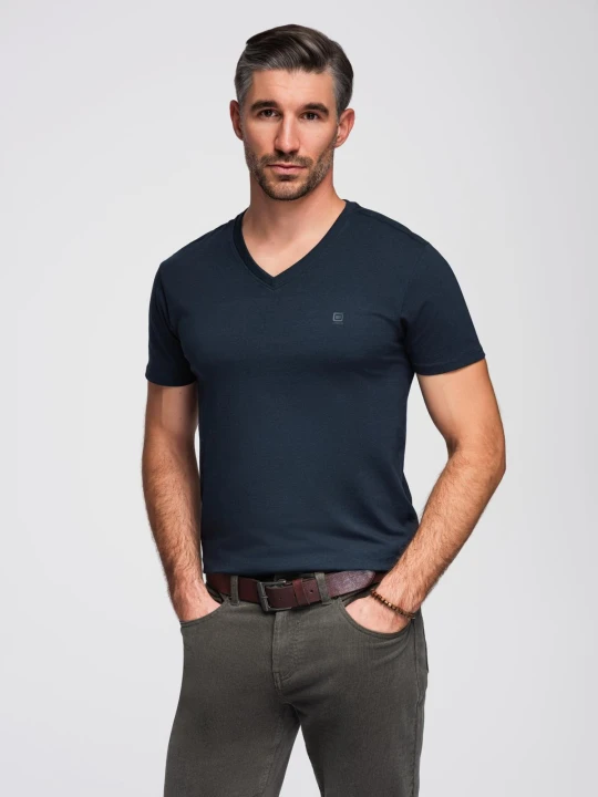 Zdjęcie produktu T-shirt męski V-NECK z elastanem - granatowy V2 - Rozmiar: L Ombre Clothing