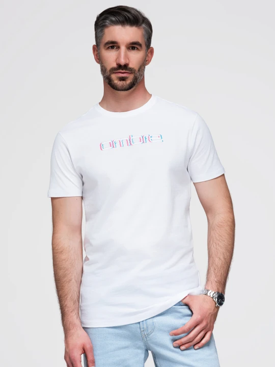 Zdjęcie produktu T-shirt męski z haftem na klatce piersiowej – biały V2 - Rozmiar: XXL Ombre Clothing