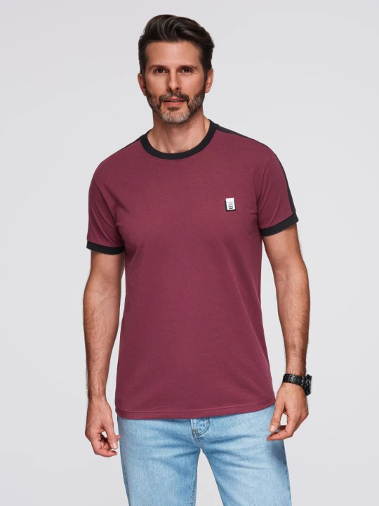Zdjęcie produktu T-shirt męski z kontrastowymi lampasami – bordowy V2 Ombre Clothing