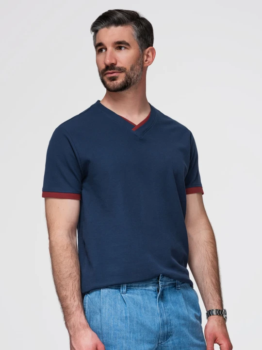 Zdjęcie produktu T-shirt męski z kontrastowymi wstawkami i dekoltem w serek – granatowy V1 - Rozmiar: S Ombre Clothing