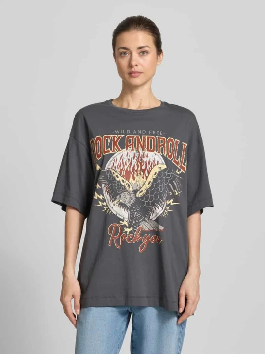 Zdjęcie produktu T-shirt o kroju oversized z czystej bawełny model 'LILIE' Vero Moda Średnioszary melanż