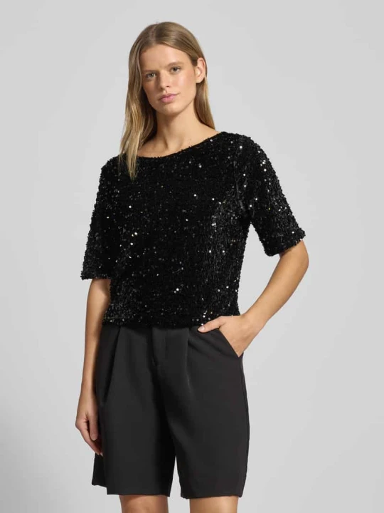 Zdjęcie produktu T-shirt o kroju regular fit z cekinowym obszyciem model ‘KAM’ Pieces Czarny
