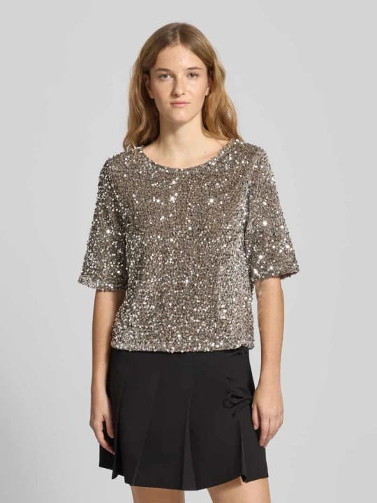Zdjęcie produktu T-shirt o kroju regular fit z cekinowym obszyciem model ‘KAM’ Pieces Antracytowy