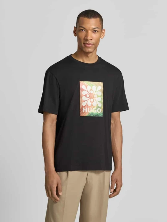Zdjęcie produktu t-shirt o kroju regular fit z czystej bawełny model 'DAMORU' Hugo Czarny